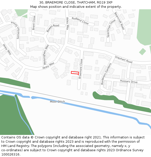 30, BRAEMORE CLOSE, THATCHAM, RG19 3XP: Location map and indicative extent of plot