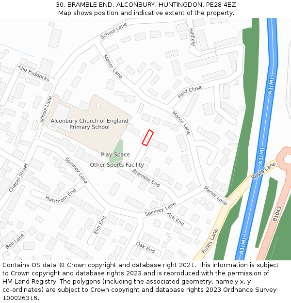 30, BRAMBLE END, ALCONBURY, HUNTINGDON, PE28 4EZ: Location map and indicative extent of plot