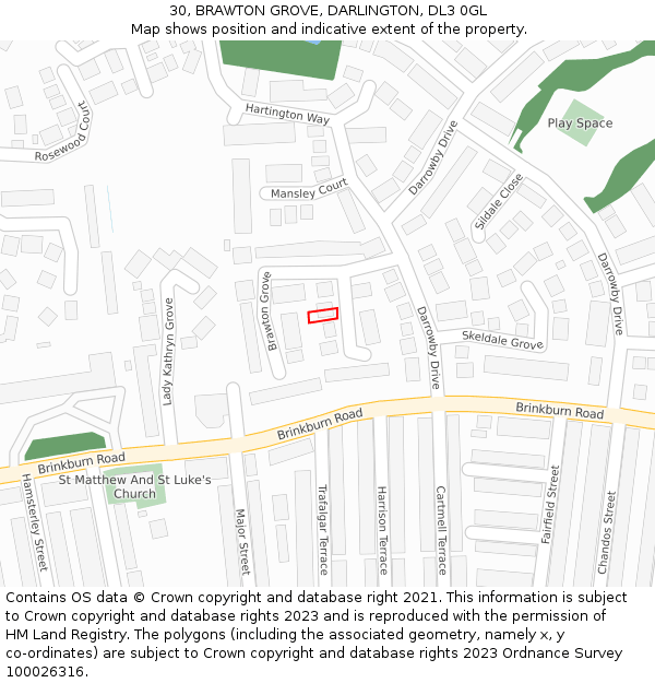 30, BRAWTON GROVE, DARLINGTON, DL3 0GL: Location map and indicative extent of plot
