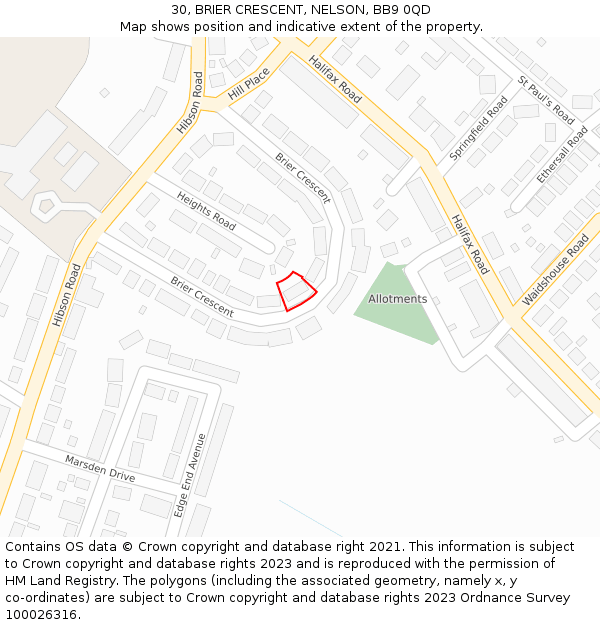 30, BRIER CRESCENT, NELSON, BB9 0QD: Location map and indicative extent of plot