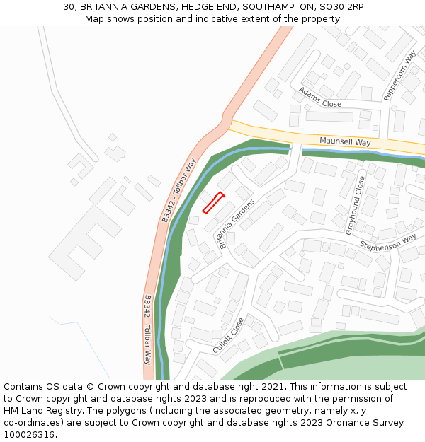 30, BRITANNIA GARDENS, HEDGE END, SOUTHAMPTON, SO30 2RP: Location map and indicative extent of plot