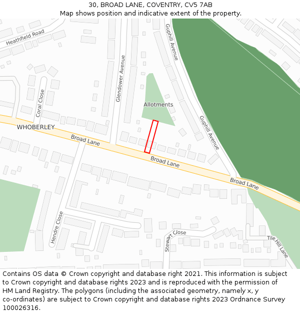 30, BROAD LANE, COVENTRY, CV5 7AB: Location map and indicative extent of plot