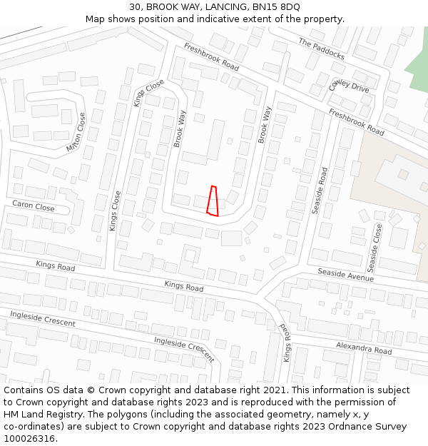 30, BROOK WAY, LANCING, BN15 8DQ: Location map and indicative extent of plot