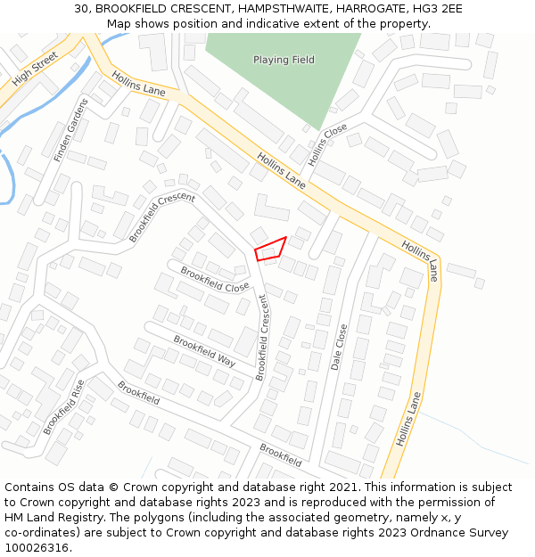 30, BROOKFIELD CRESCENT, HAMPSTHWAITE, HARROGATE, HG3 2EE: Location map and indicative extent of plot