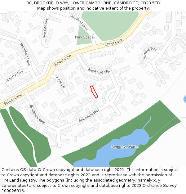 30, BROOKFIELD WAY, LOWER CAMBOURNE, CAMBRIDGE, CB23 5ED: Location map and indicative extent of plot