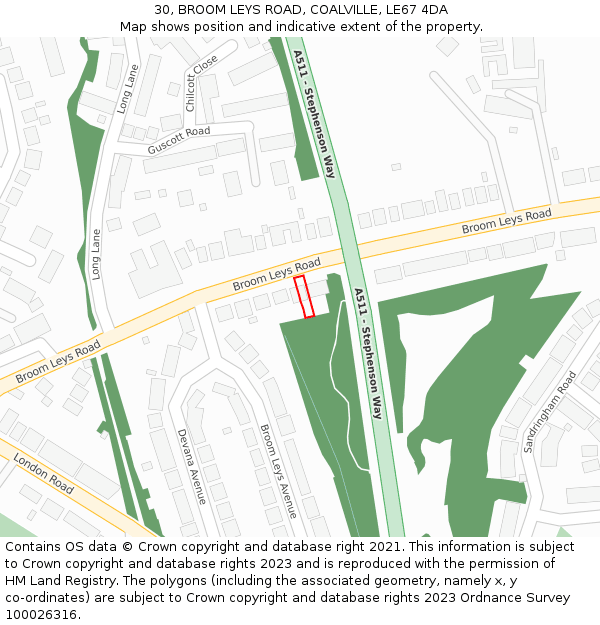 30, BROOM LEYS ROAD, COALVILLE, LE67 4DA: Location map and indicative extent of plot