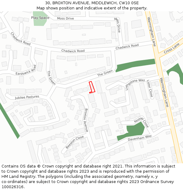 30, BROXTON AVENUE, MIDDLEWICH, CW10 0SE: Location map and indicative extent of plot