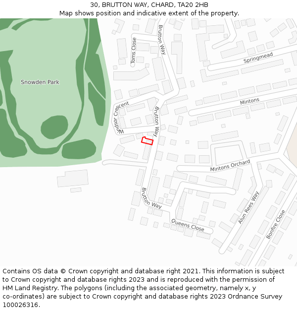30, BRUTTON WAY, CHARD, TA20 2HB: Location map and indicative extent of plot