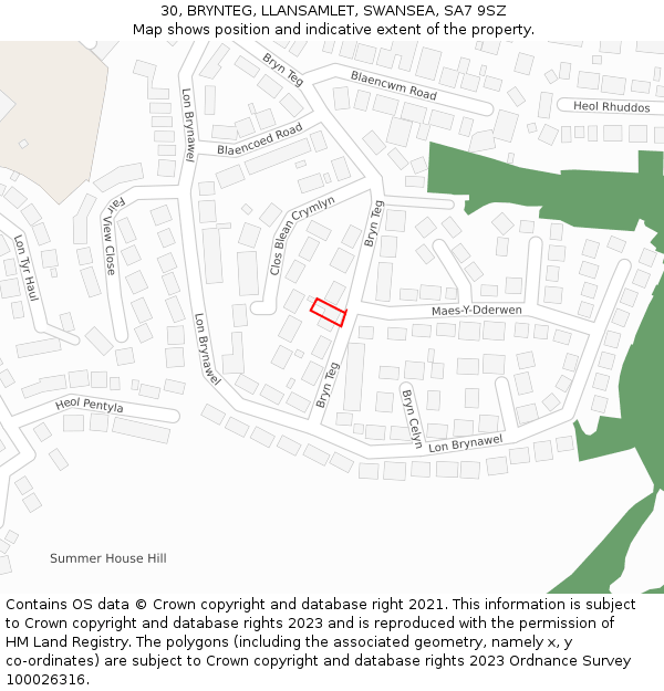 30, BRYNTEG, LLANSAMLET, SWANSEA, SA7 9SZ: Location map and indicative extent of plot