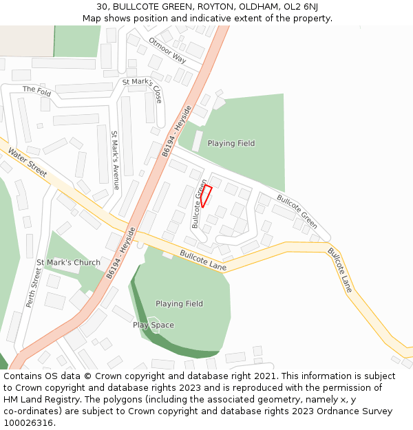 30, BULLCOTE GREEN, ROYTON, OLDHAM, OL2 6NJ: Location map and indicative extent of plot