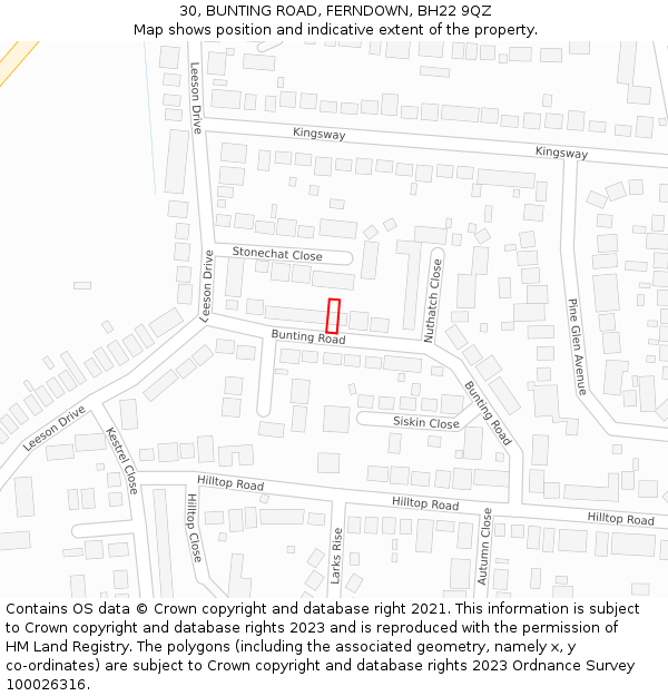 30, BUNTING ROAD, FERNDOWN, BH22 9QZ: Location map and indicative extent of plot