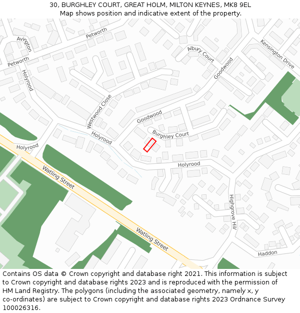 30, BURGHLEY COURT, GREAT HOLM, MILTON KEYNES, MK8 9EL: Location map and indicative extent of plot