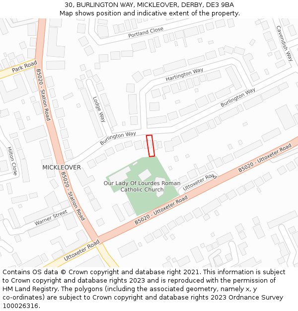 30, BURLINGTON WAY, MICKLEOVER, DERBY, DE3 9BA: Location map and indicative extent of plot