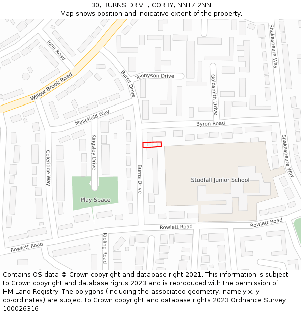 30, BURNS DRIVE, CORBY, NN17 2NN: Location map and indicative extent of plot