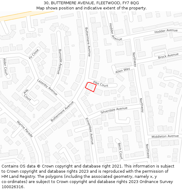 30, BUTTERMERE AVENUE, FLEETWOOD, FY7 8QG: Location map and indicative extent of plot