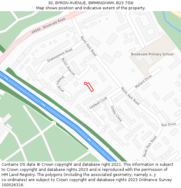 30, BYRON AVENUE, BIRMINGHAM, B23 7SW: Location map and indicative extent of plot