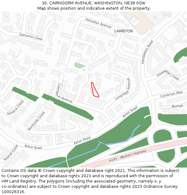 30, CAIRNGORM AVENUE, WASHINGTON, NE38 0QW: Location map and indicative extent of plot