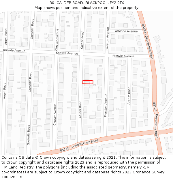 30, CALDER ROAD, BLACKPOOL, FY2 9TX: Location map and indicative extent of plot