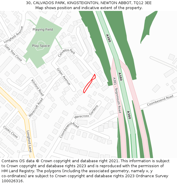 30, CALVADOS PARK, KINGSTEIGNTON, NEWTON ABBOT, TQ12 3EE: Location map and indicative extent of plot