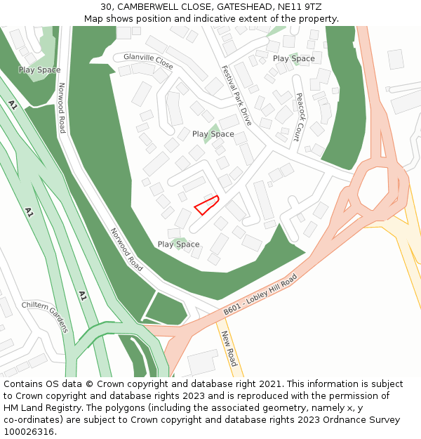 30, CAMBERWELL CLOSE, GATESHEAD, NE11 9TZ: Location map and indicative extent of plot