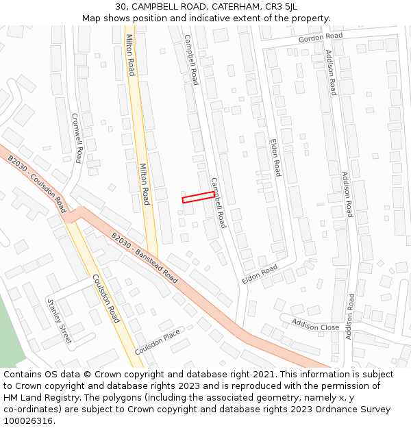 30, CAMPBELL ROAD, CATERHAM, CR3 5JL: Location map and indicative extent of plot