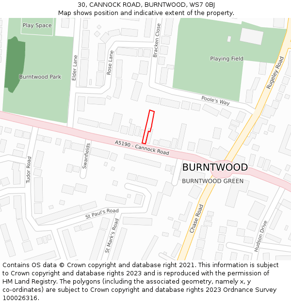 30, CANNOCK ROAD, BURNTWOOD, WS7 0BJ: Location map and indicative extent of plot