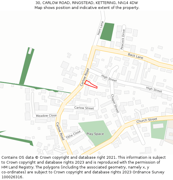 30, CARLOW ROAD, RINGSTEAD, KETTERING, NN14 4DW: Location map and indicative extent of plot