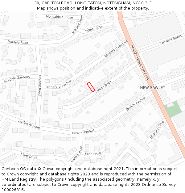 30, CARLTON ROAD, LONG EATON, NOTTINGHAM, NG10 3LF: Location map and indicative extent of plot