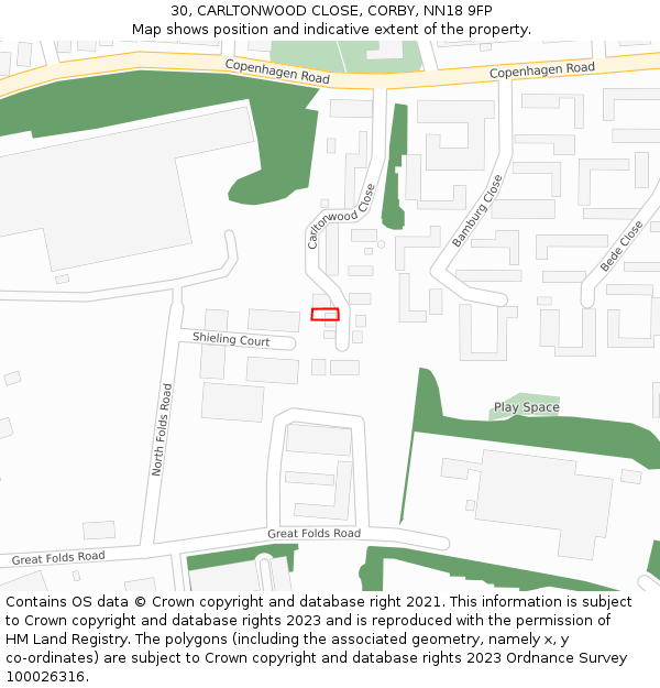 30, CARLTONWOOD CLOSE, CORBY, NN18 9FP: Location map and indicative extent of plot