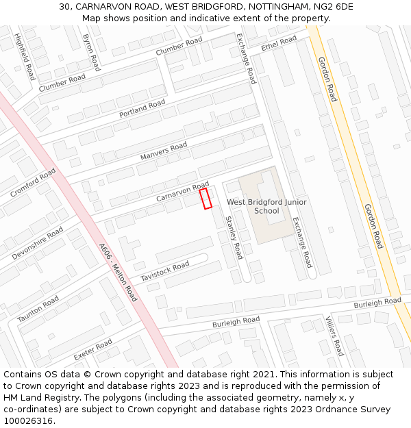 30, CARNARVON ROAD, WEST BRIDGFORD, NOTTINGHAM, NG2 6DE: Location map and indicative extent of plot