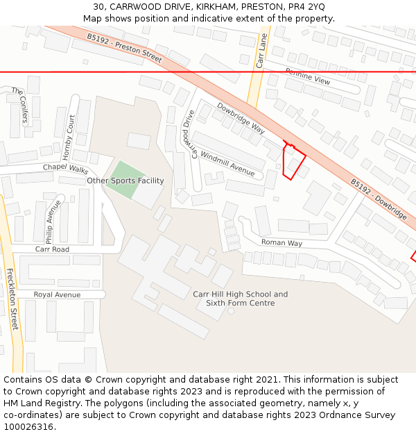 30, CARRWOOD DRIVE, KIRKHAM, PRESTON, PR4 2YQ: Location map and indicative extent of plot