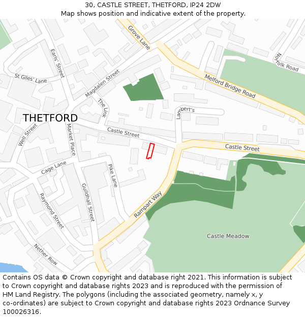 30, CASTLE STREET, THETFORD, IP24 2DW: Location map and indicative extent of plot