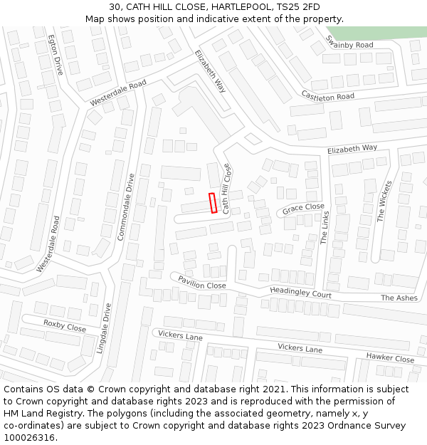 30, CATH HILL CLOSE, HARTLEPOOL, TS25 2FD: Location map and indicative extent of plot