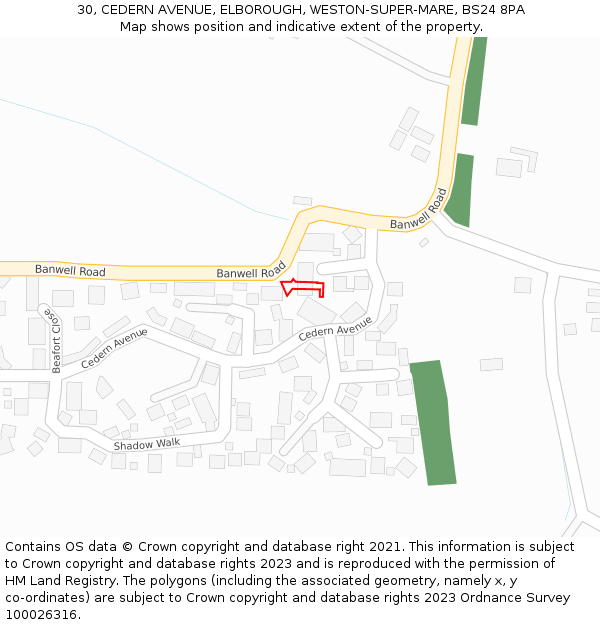 30, CEDERN AVENUE, ELBOROUGH, WESTON-SUPER-MARE, BS24 8PA: Location map and indicative extent of plot