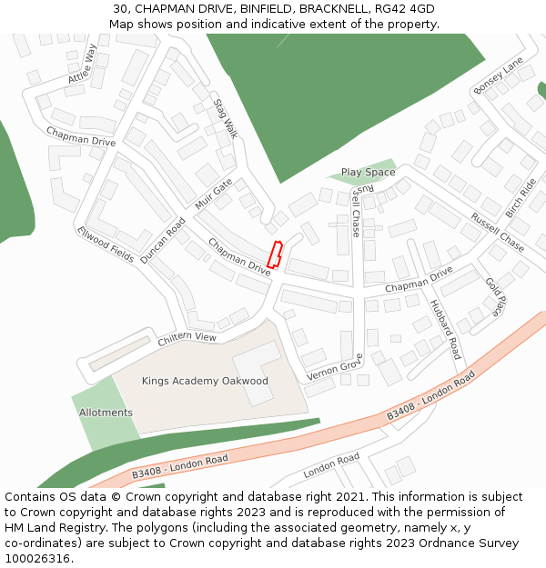 30, CHAPMAN DRIVE, BINFIELD, BRACKNELL, RG42 4GD: Location map and indicative extent of plot