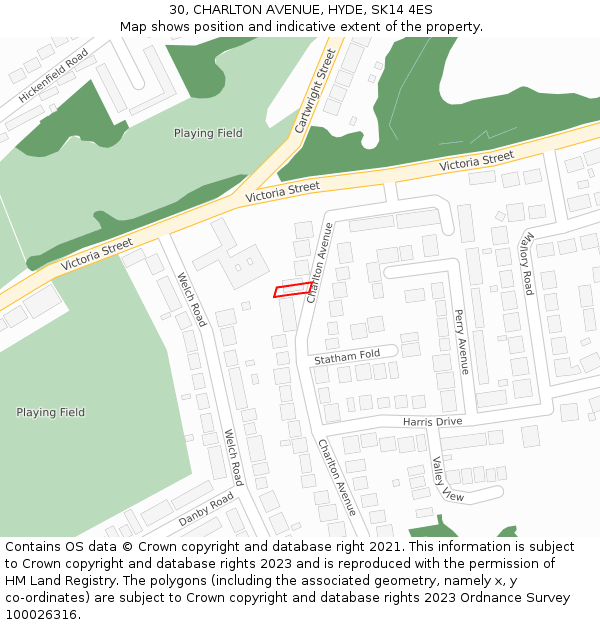 30, CHARLTON AVENUE, HYDE, SK14 4ES: Location map and indicative extent of plot