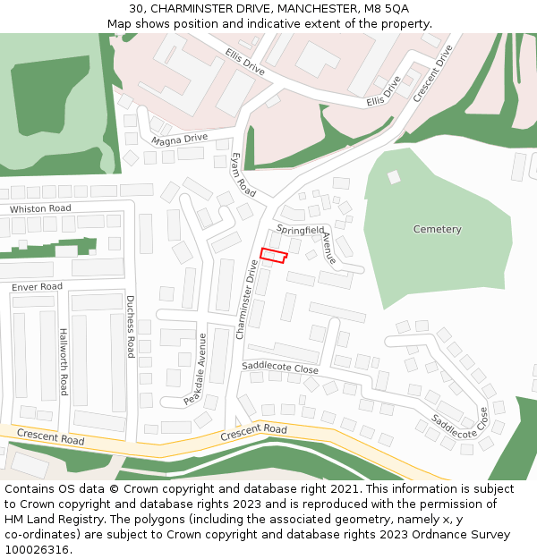 30, CHARMINSTER DRIVE, MANCHESTER, M8 5QA: Location map and indicative extent of plot