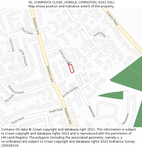 30, CHARNOCK CLOSE, HORDLE, LYMINGTON, SO41 0GU: Location map and indicative extent of plot