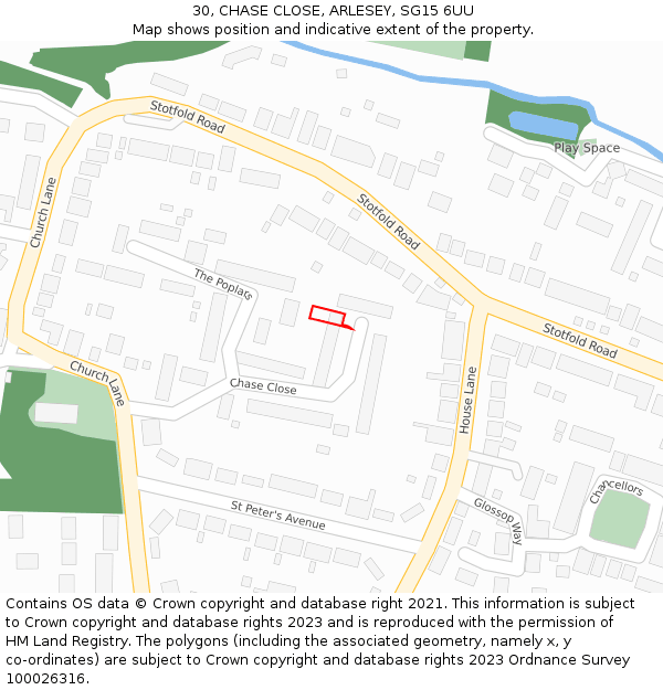 30, CHASE CLOSE, ARLESEY, SG15 6UU: Location map and indicative extent of plot