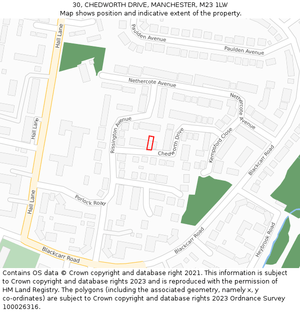 30, CHEDWORTH DRIVE, MANCHESTER, M23 1LW: Location map and indicative extent of plot