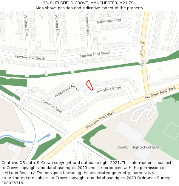 30, CHELSFIELD GROVE, MANCHESTER, M21 7SU: Location map and indicative extent of plot