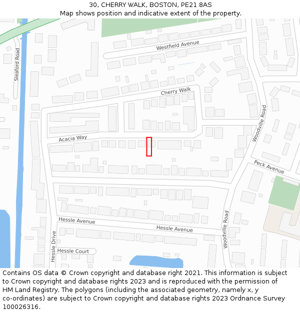 30, CHERRY WALK, BOSTON, PE21 8AS: Location map and indicative extent of plot