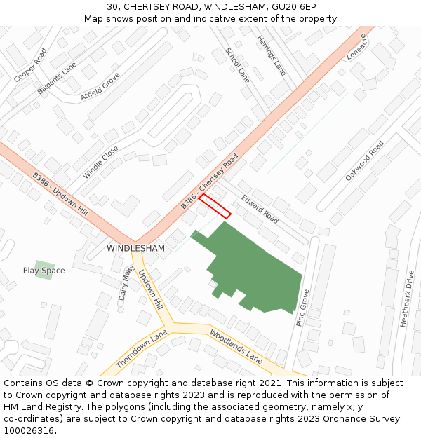 30, CHERTSEY ROAD, WINDLESHAM, GU20 6EP: Location map and indicative extent of plot