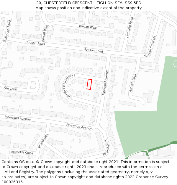 30, CHESTERFIELD CRESCENT, LEIGH-ON-SEA, SS9 5PD: Location map and indicative extent of plot