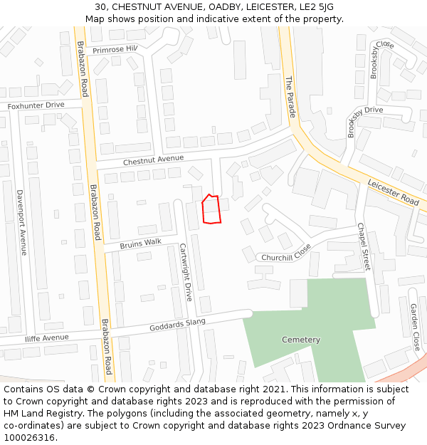 30, CHESTNUT AVENUE, OADBY, LEICESTER, LE2 5JG: Location map and indicative extent of plot