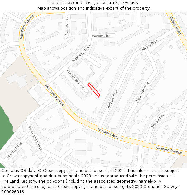 30, CHETWODE CLOSE, COVENTRY, CV5 9NA: Location map and indicative extent of plot