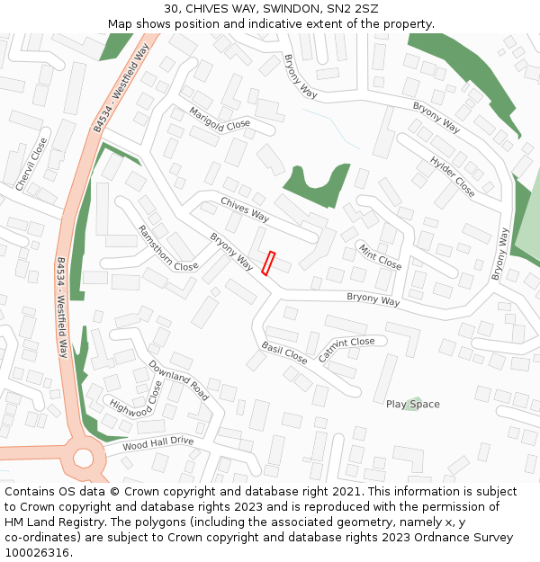 30, CHIVES WAY, SWINDON, SN2 2SZ: Location map and indicative extent of plot