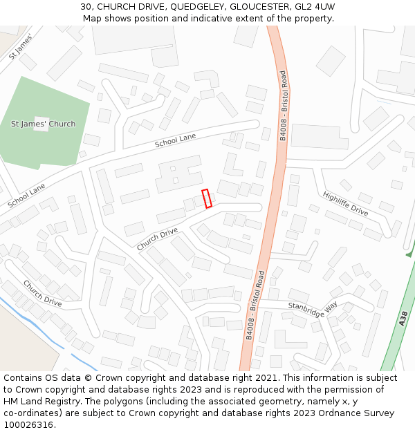 30, CHURCH DRIVE, QUEDGELEY, GLOUCESTER, GL2 4UW: Location map and indicative extent of plot