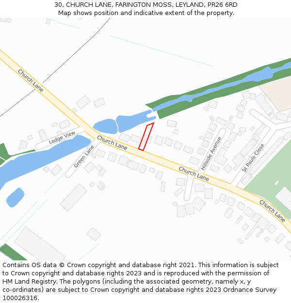 30, CHURCH LANE, FARINGTON MOSS, LEYLAND, PR26 6RD: Location map and indicative extent of plot