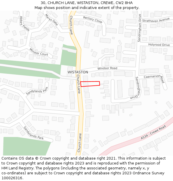 30, CHURCH LANE, WISTASTON, CREWE, CW2 8HA: Location map and indicative extent of plot